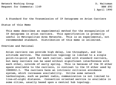 IETF’s RFC 1149 describes IP via homing pigeons